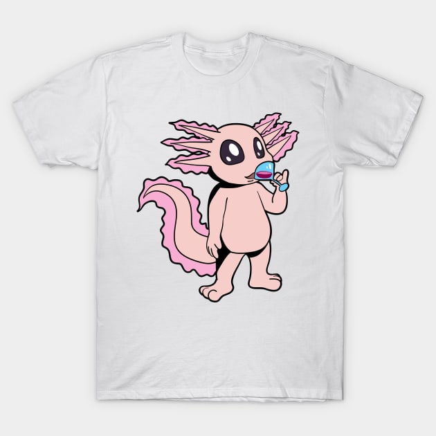 Comic axolotl enjoys a glass of wine - wine drinker T-Shirt by Modern Medieval Design